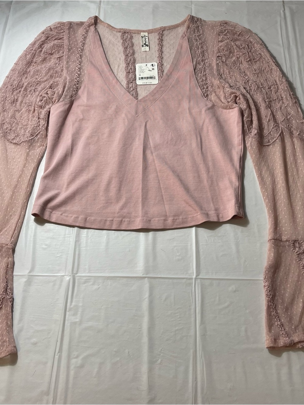 Free People Intimately Soft Pink V-Neck Lace Sleeve Women’s Top